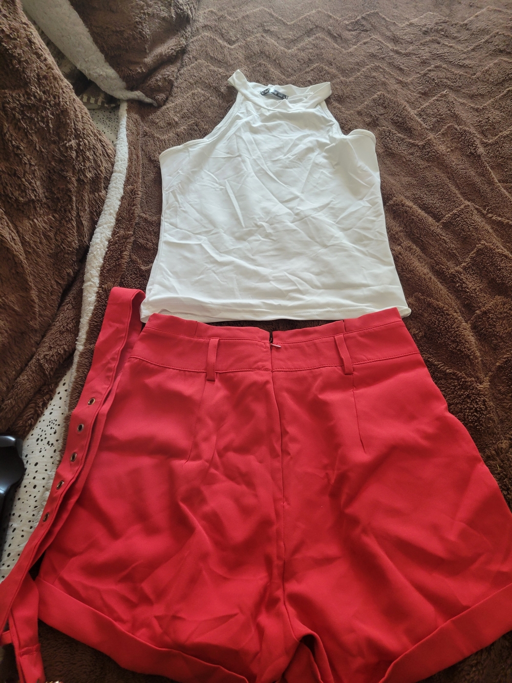 SHEIN White Halter Neck Top with Red High-Waist Shorts